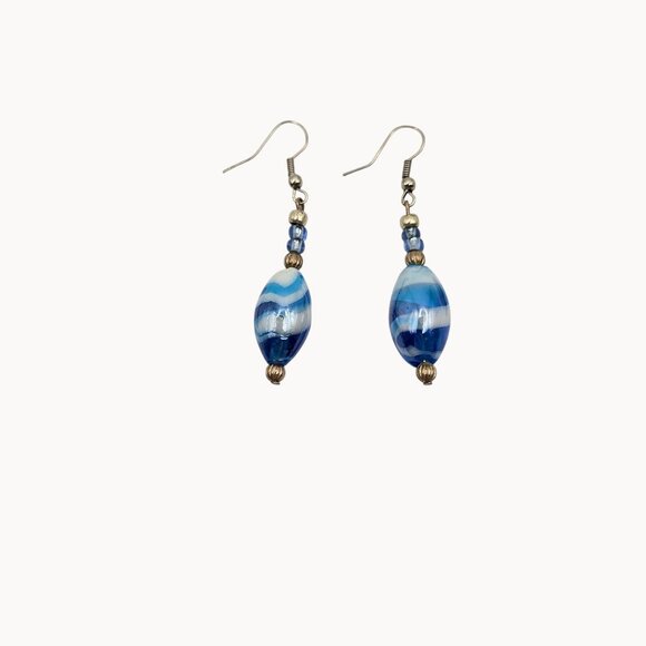 Blue White Swirl Dangle Drop Earrings Glass Hook Silver Tone Oceanic Spiral Lobe - Picture 4 of 4